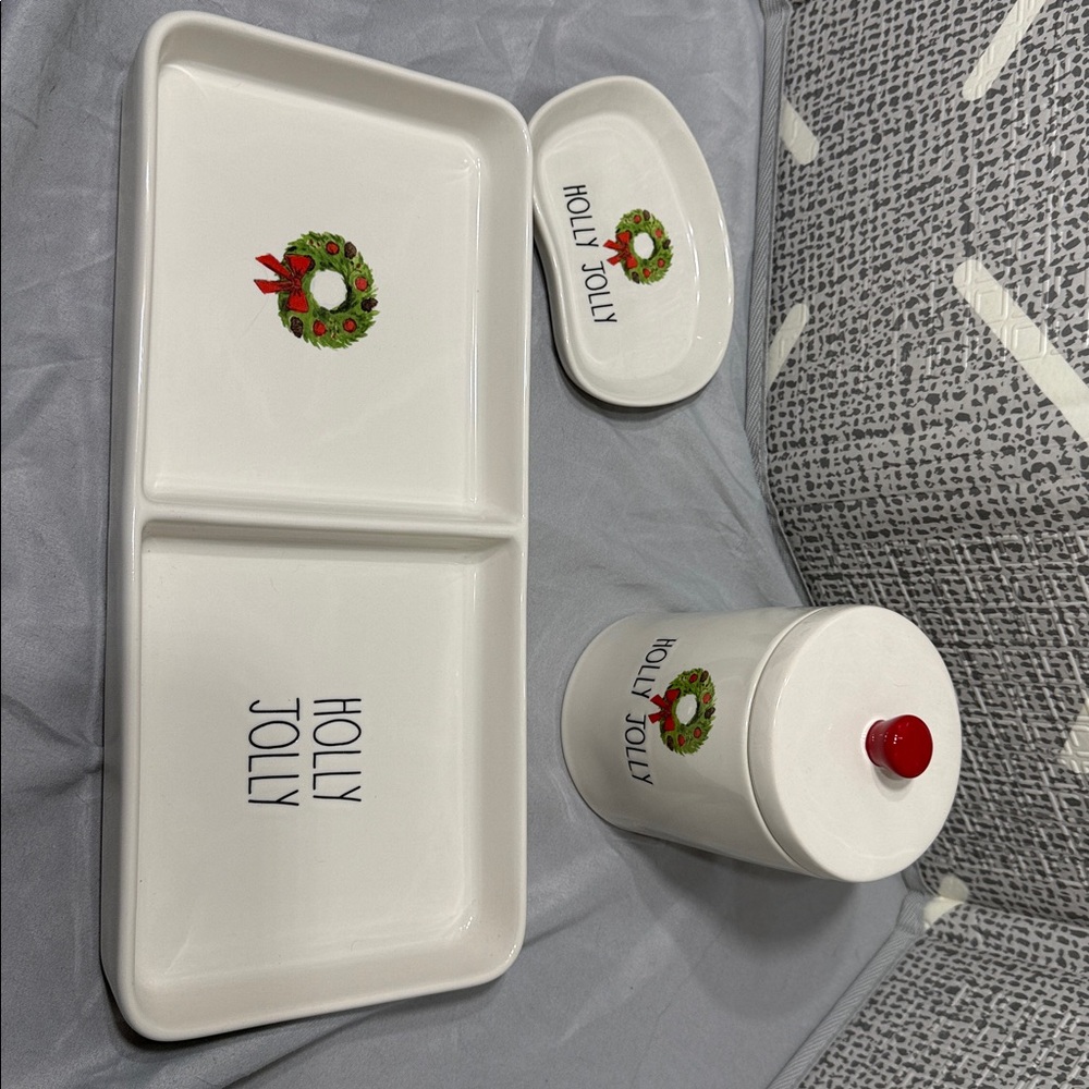 Rae Dunn HOLLY JOLLY Wreath Tray, Soap Dish, Canister